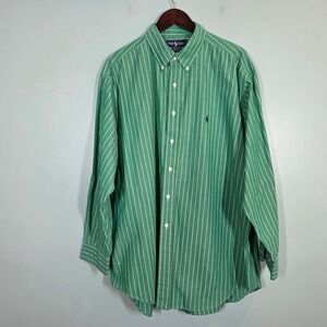 Ralph Lauren Yarmouth Mens 18 34/35 Green White Striped Button Down Shirt Cotton